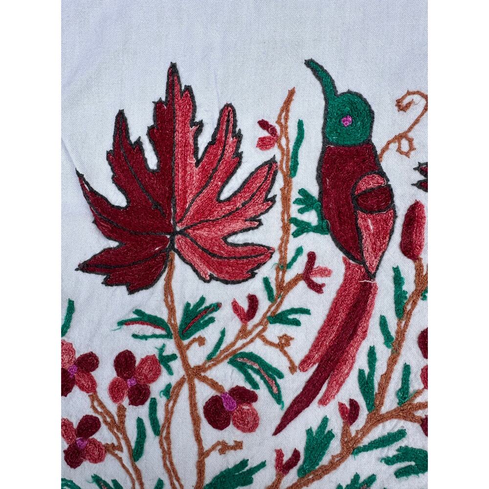 Vintage embroidered tablecloth Mexican folk art floral bird white 76x94”